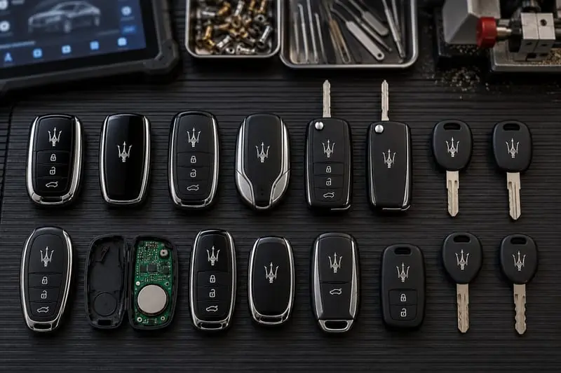 Maserati proximity smart keys, flip keys, and transponder keys laid out on a Locksmith on Wheels workbench with key programming equipment