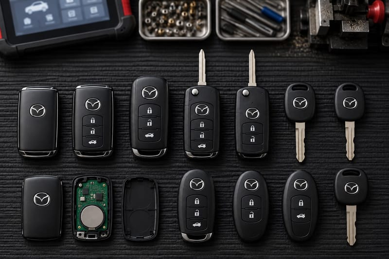 Mazda Advanced Keyless fobs, flip keys, and transponder keys laid out on a Locksmith on Wheels workbench with key programming equipment
