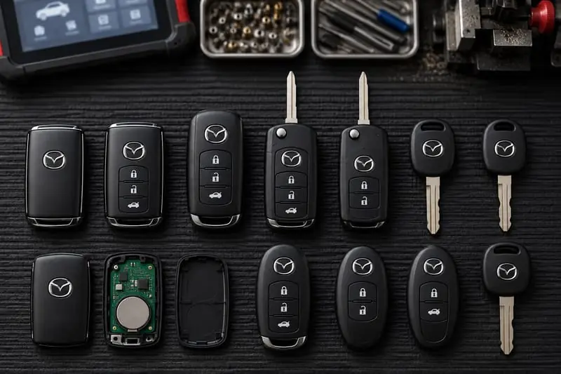 Mazda Advanced Keyless fobs, flip keys, and transponder keys laid out on a Locksmith on Wheels workbench with key programming equipment