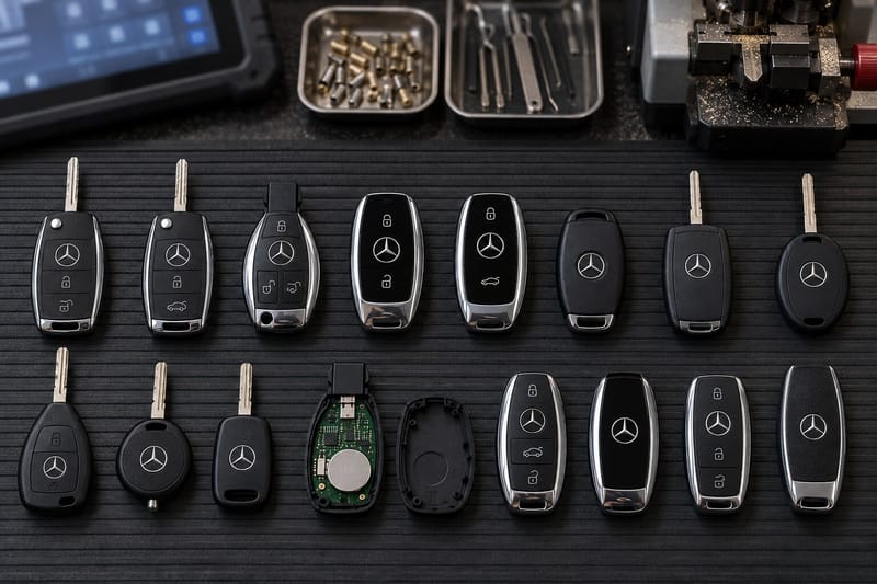 Mercedes-Benz SmartKey fobs, remote keys, and transponder keys laid out on a Locksmith on Wheels workbench with key programming equipment