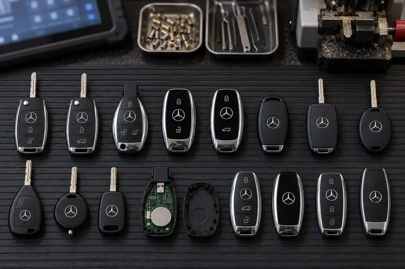 Mercedes-Benz SmartKey fobs, remote keys, and transponder keys laid out on a Locksmith on Wheels workbench with key programming equipment
