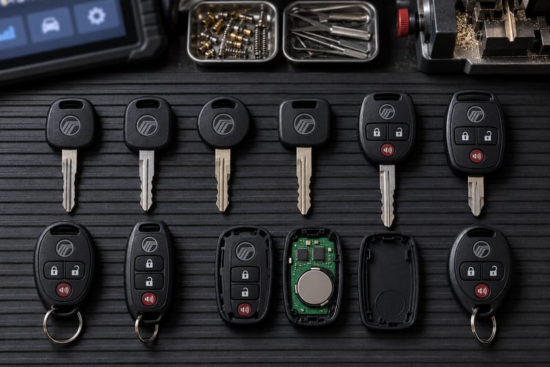 Mercury PATS transponder keys and remote fobs laid out on a Locksmith on Wheels workbench with key programming equipment