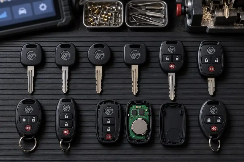 Mercury PATS transponder keys and remote fobs laid out on a Locksmith on Wheels workbench with key programming equipment