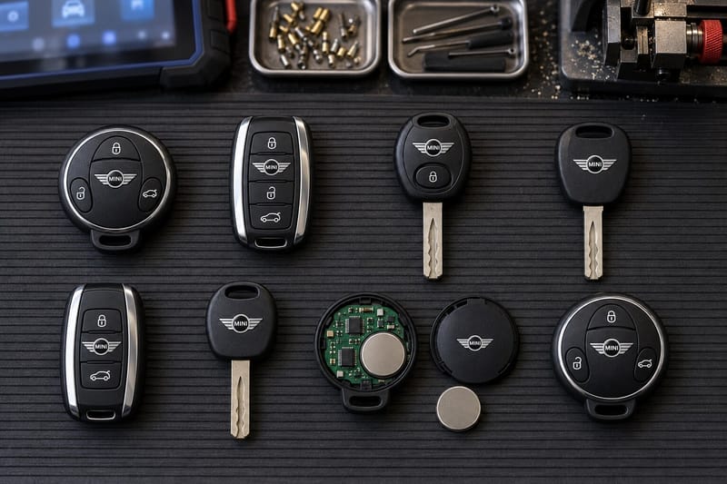 MINI proximity fobs, remote head keys, and transponder keys laid out on a Locksmith on Wheels workbench with key programming equipment