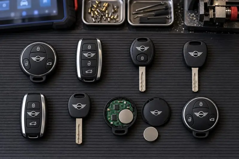 MINI proximity fobs, remote head keys, and transponder keys laid out on a Locksmith on Wheels workbench with key programming equipment