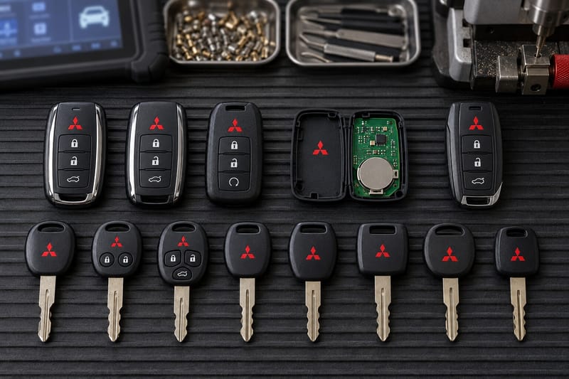 Mitsubishi smart keys, remote head keys, and transponder keys laid out on a Locksmith on Wheels workbench with key programming equipment
