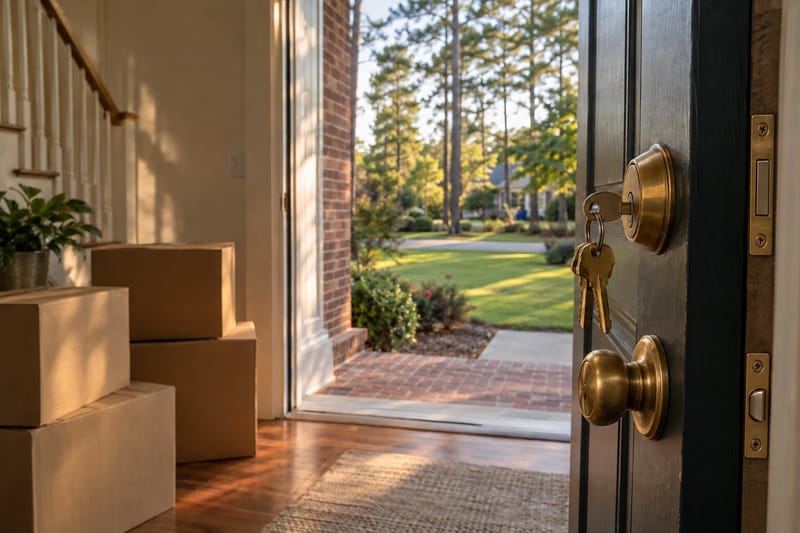 Moving boxes stacked inside the front door of a new home in Atlanta with house keys hanging in the deadbolt
