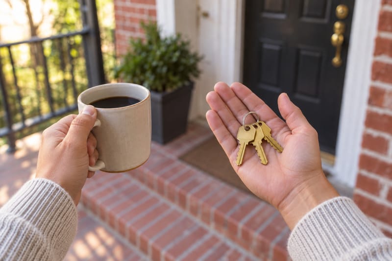Homeowner holding a ring of new brass house keys on the front steps of an Atlanta home