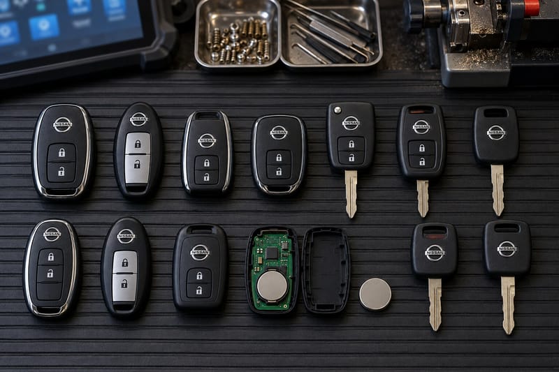 Nissan Intelligent Key fobs, remote head keys, and NATS transponder keys laid out on a Locksmith on Wheels workbench with key programming equipment
