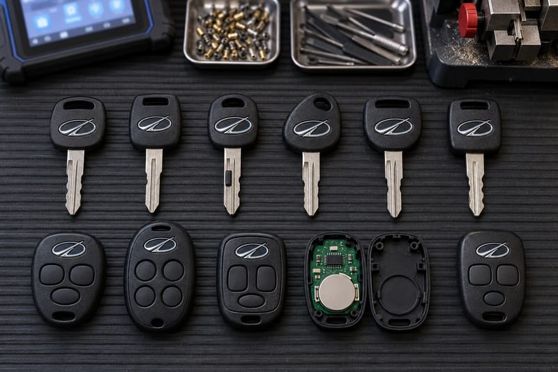 Oldsmobile transponder keys, VATS resistor keys, and remote fobs laid out on a Locksmith on Wheels workbench with key cutting equipment