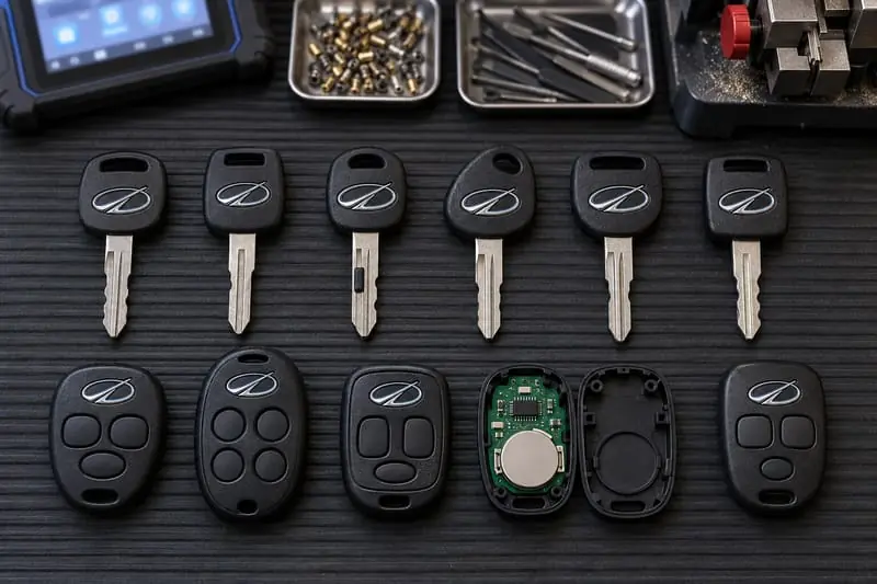 Oldsmobile transponder keys, VATS resistor keys, and remote fobs laid out on a Locksmith on Wheels workbench with key cutting equipment
