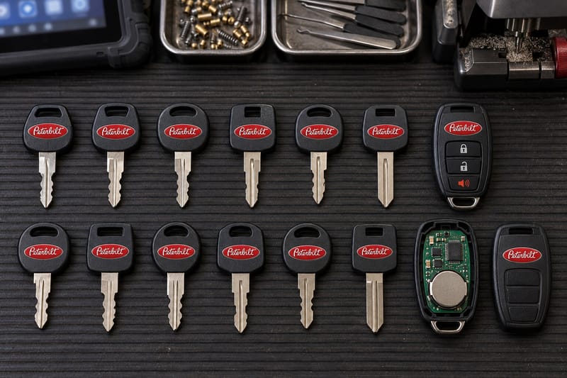 Peterbilt truck ignition and door keys laid out on a Locksmith on Wheels workbench with key cutting equipment