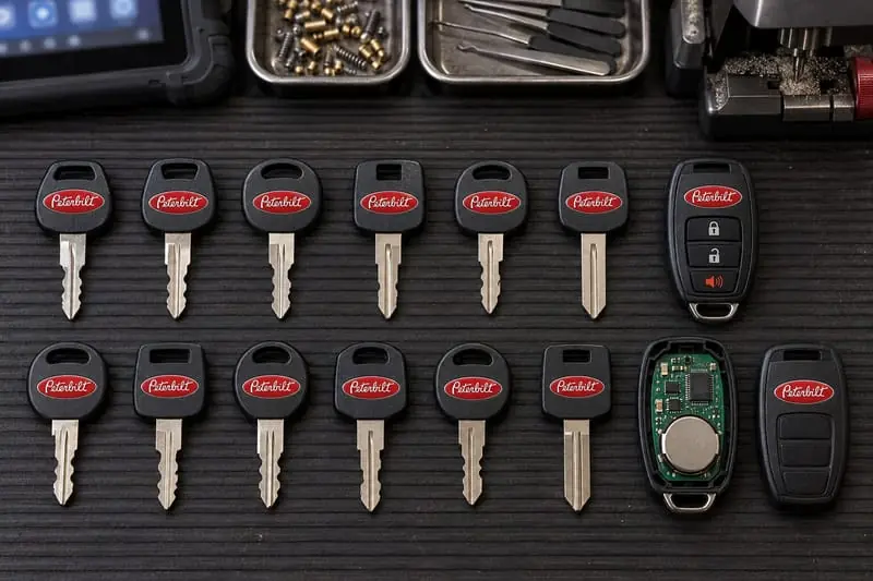 Peterbilt truck ignition and door keys laid out on a Locksmith on Wheels workbench with key cutting equipment
