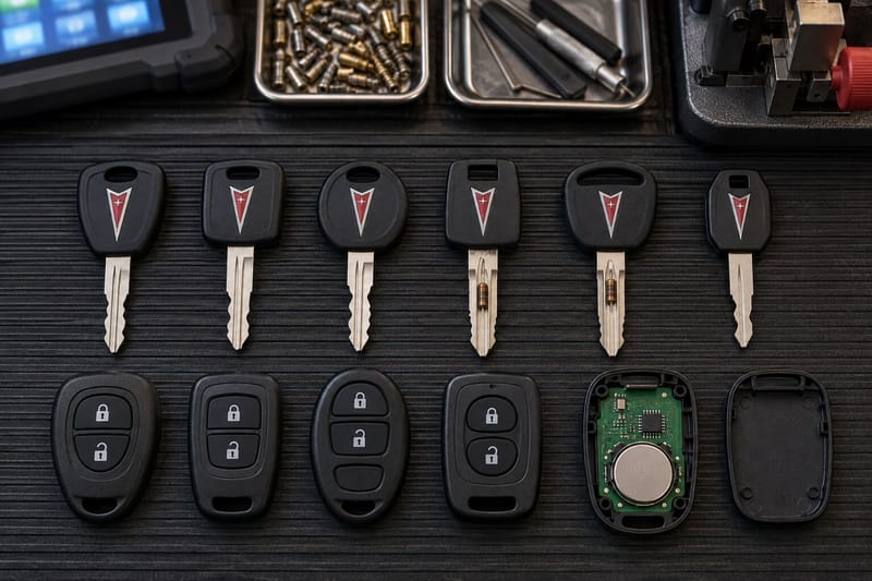 Pontiac transponder keys, VATS resistor keys, and remote fobs laid out on a Locksmith on Wheels workbench with key programming equipment