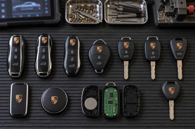 Porsche smart keys, remote head keys, and transponder keys laid out on a Locksmith on Wheels workbench with key programming equipment
