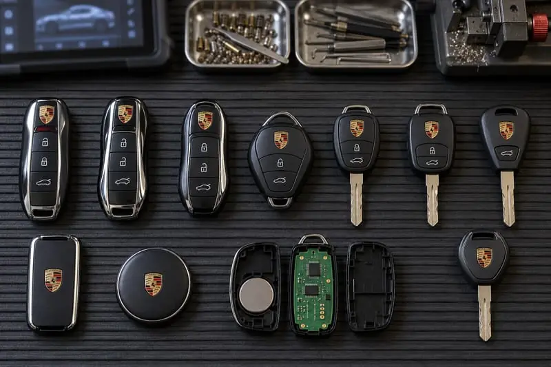 Porsche smart keys, remote head keys, and transponder keys laid out on a Locksmith on Wheels workbench with key programming equipment