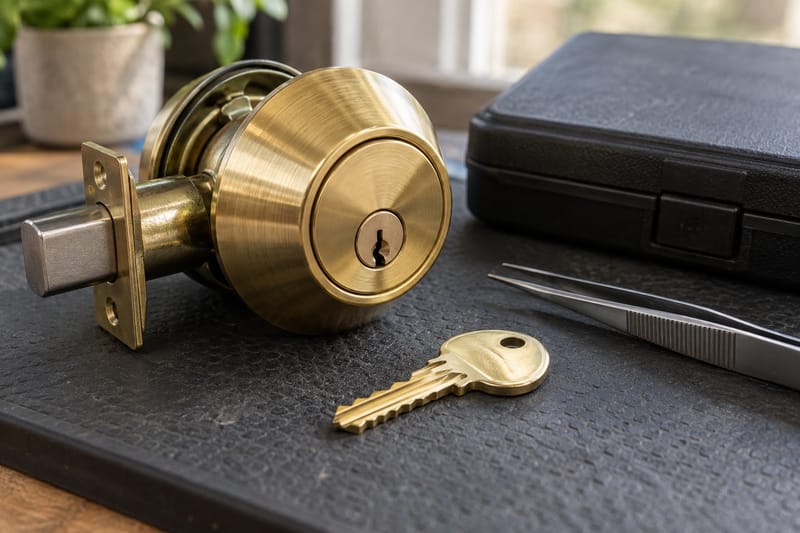 Brass deadbolt off the door on a work mat, with a new key, tweezers, and a locksmith's tool case