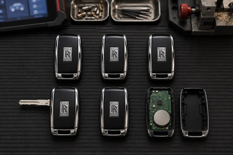 Rolls-Royce proximity key fobs and hidden emergency blades laid out on a Locksmith on Wheels workbench with key programming equipment