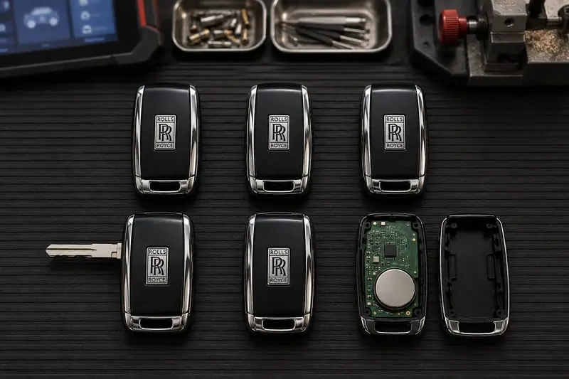 Rolls-Royce proximity key fobs and hidden emergency blades laid out on a Locksmith on Wheels workbench with key programming equipment