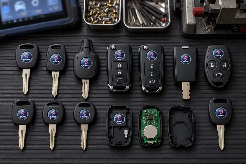 Saab console-slot keys, flip keys, and transponder keys laid out on a Locksmith on Wheels workbench with key programming equipment