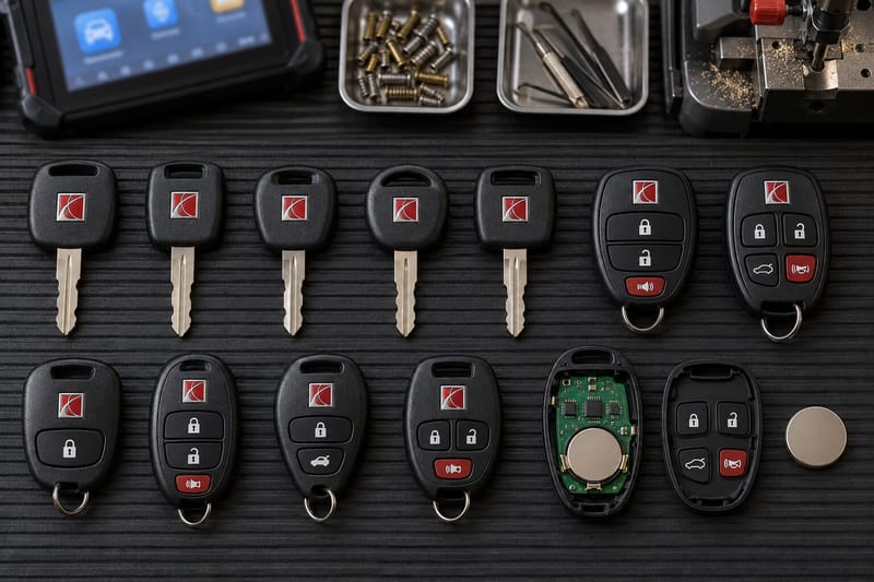 Saturn transponder keys and remote fobs laid out on a Locksmith on Wheels workbench with key cutting equipment