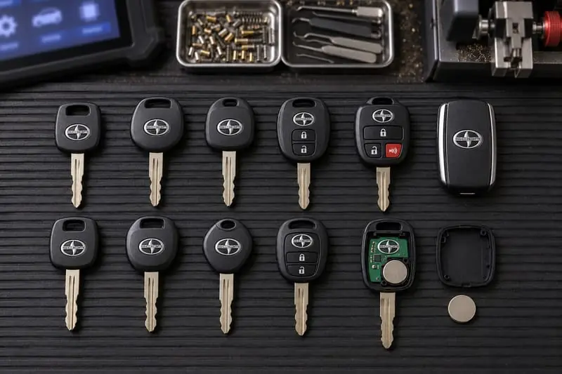 Scion transponder keys, remote head keys, and smart keys laid out on a Locksmith on Wheels workbench with key programming equipment