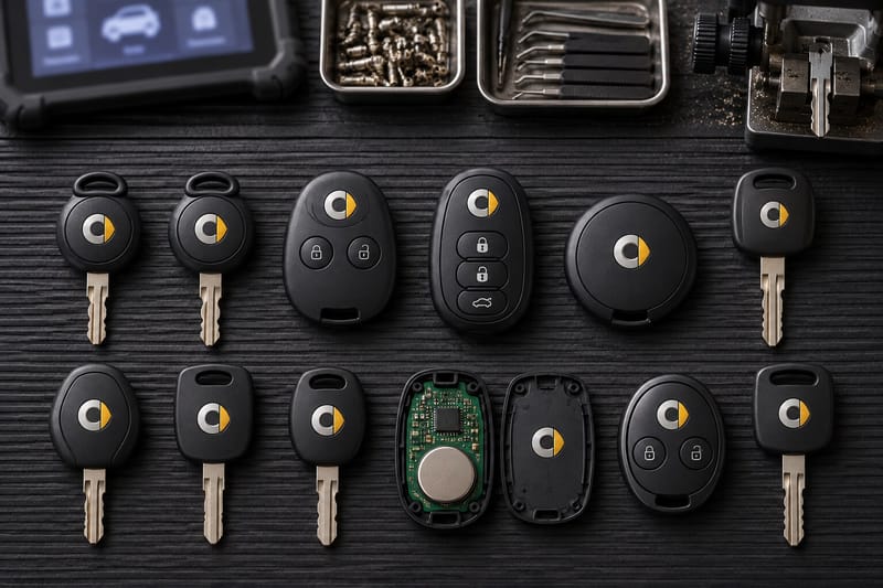 Smart fortwo keys and fobs laid out on a Locksmith on Wheels workbench with key programming equipment