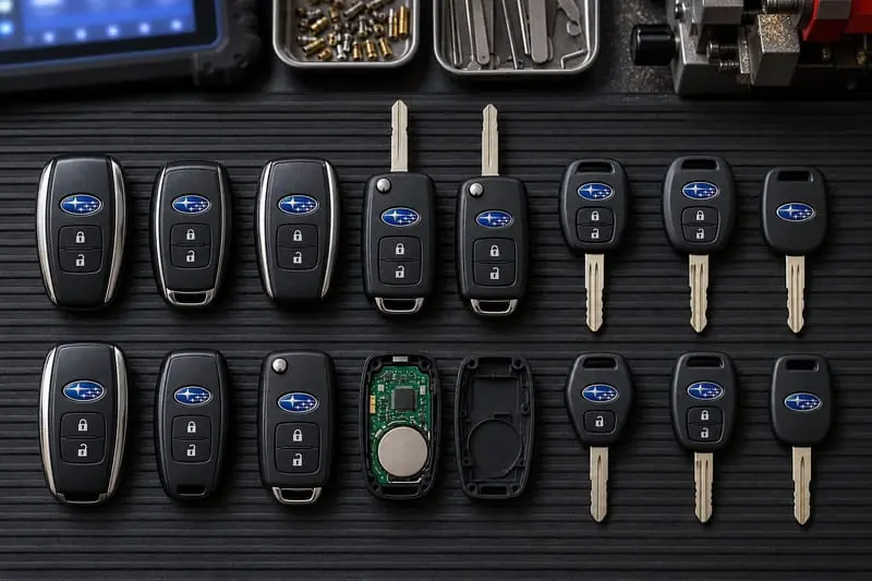 Subaru smart keys, flip keys, and transponder keys laid out on a Locksmith on Wheels workbench with key programming equipment