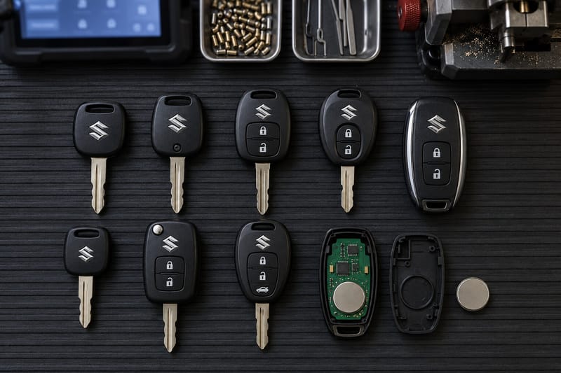 Suzuki transponder keys, remote head keys, and smart keys laid out on a Locksmith on Wheels workbench with key programming equipment