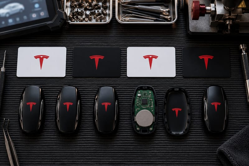 Tesla key cards and key fobs laid out on a Locksmith on Wheels workbench