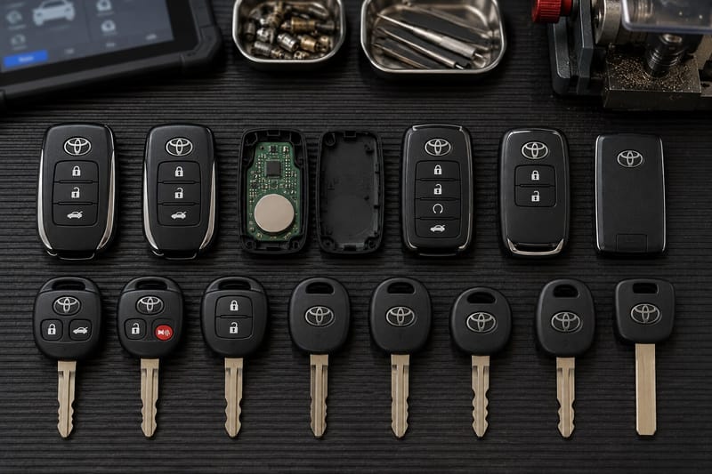 Toyota smart keys, remote head keys, and transponder chip keys laid out on a Locksmith on Wheels workbench with key programming equipment