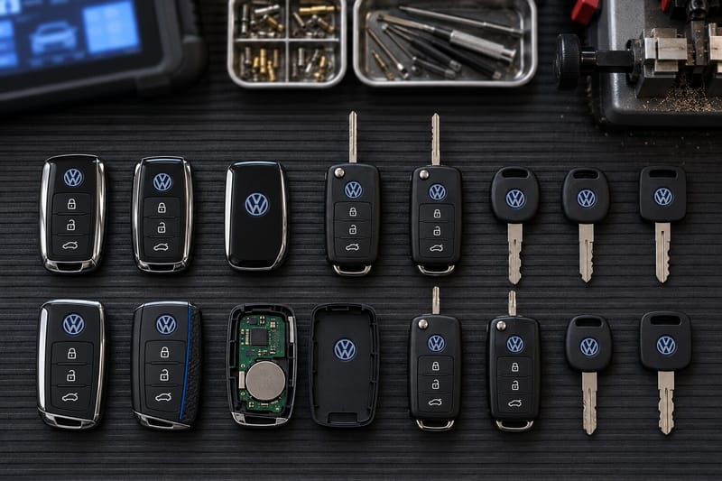 Volkswagen KESSY proximity fobs, flip keys, and transponder keys laid out on a Locksmith on Wheels workbench with key programming equipment