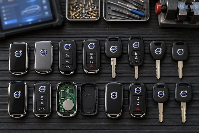Volvo proximity smart keys, remote head keys, and transponder keys laid out on a Locksmith on Wheels workbench with key programming equipment