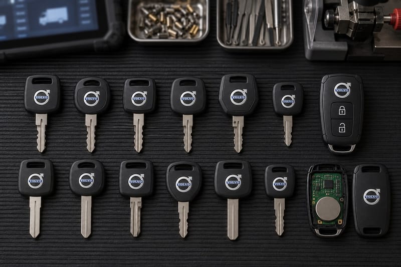Volvo truck ignition and door keys laid out on a Locksmith on Wheels workbench with key cutting equipment