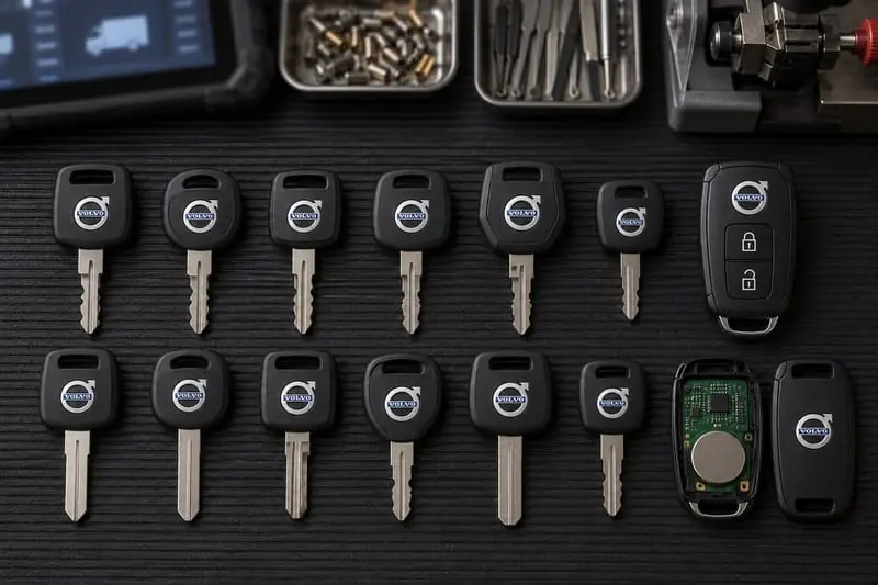 Volvo truck ignition and door keys laid out on a Locksmith on Wheels workbench with key cutting equipment